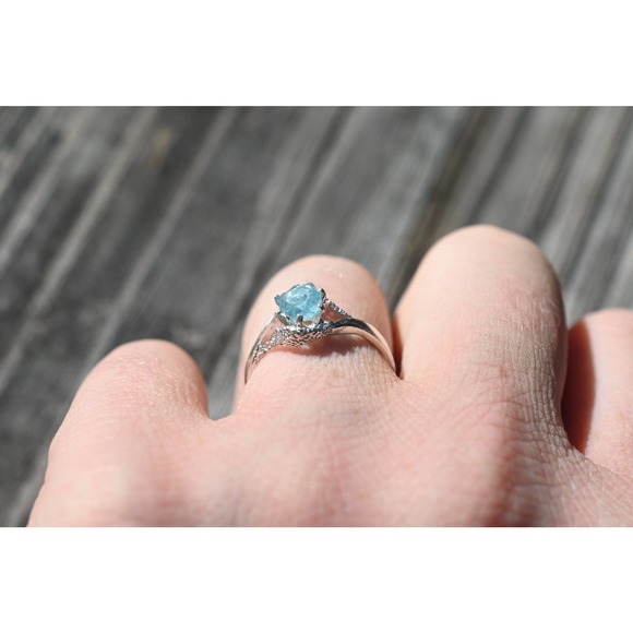 Raw Aquamarine Engagement Ring Timeless Diamond Wedding Band Contemporary - Picture 2 of 5